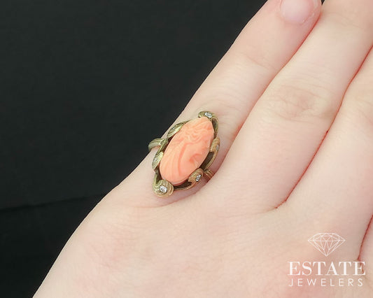Antique 10k Yellow Gold Natural Coral Cameo & Diamond Ring 3.5g i16199