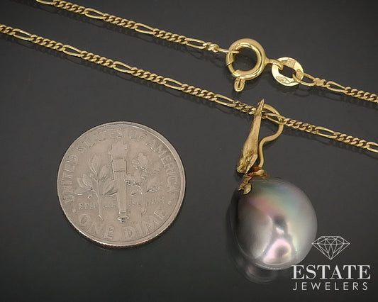 18k Yellow Gold 13mm Tahitian Grey Pearl Pendant Ladies Necklace 5.3g i16201