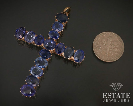 Antique Victorian 12k Gold IGI Natural 15ctw Blue Sapphire Cross Pendant i14165