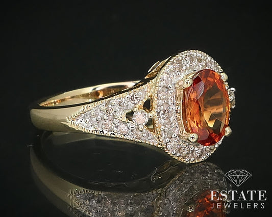 14k Yellow Gold Natural Spessartine Garnet & Diamond Halo Ring 4.6g i15860