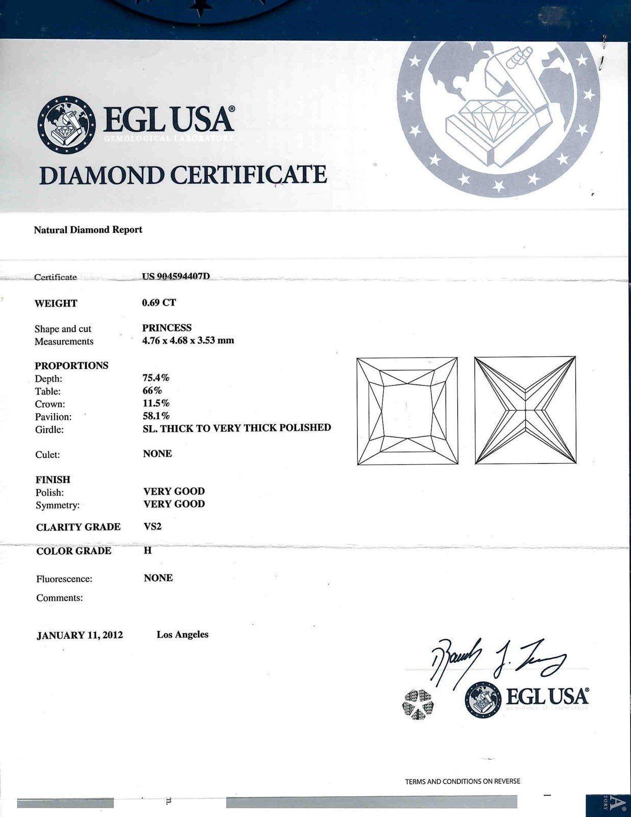 Loose .69ct Princess Cut VS2/H EGL Certified Natural Diamond i7942