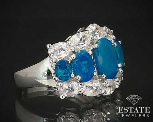 Sterling Silver Natural Blue Opal & White Topaz Ladies Ring 4.9g i16271