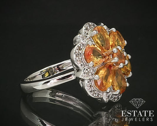 Sterling Natural Hessonite Garnet & White Sapphire Flower Ring 4.9g i16270