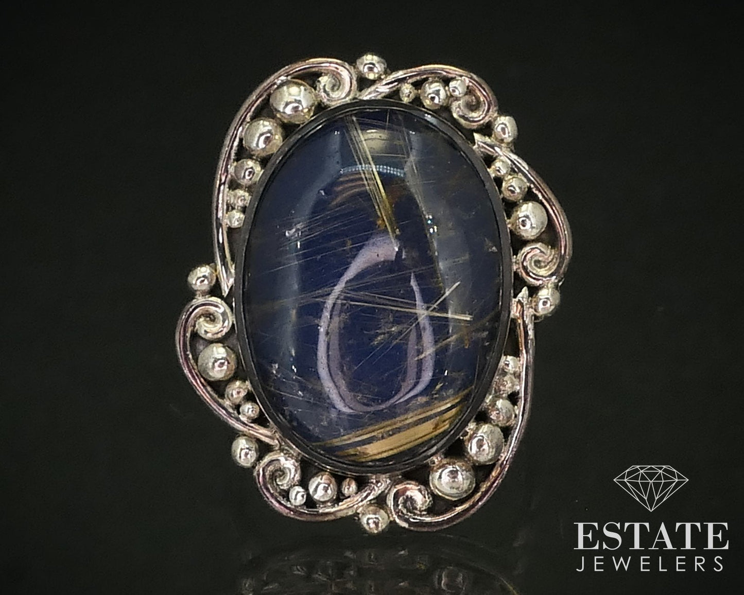 Sterling Oval Natural Blue Rutilated Quartz SAJEN Ladies Ring 9.0g i16265