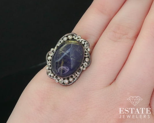 Sterling Oval Natural Blue Rutilated Quartz SAJEN Ladies Ring 9.0g i16265