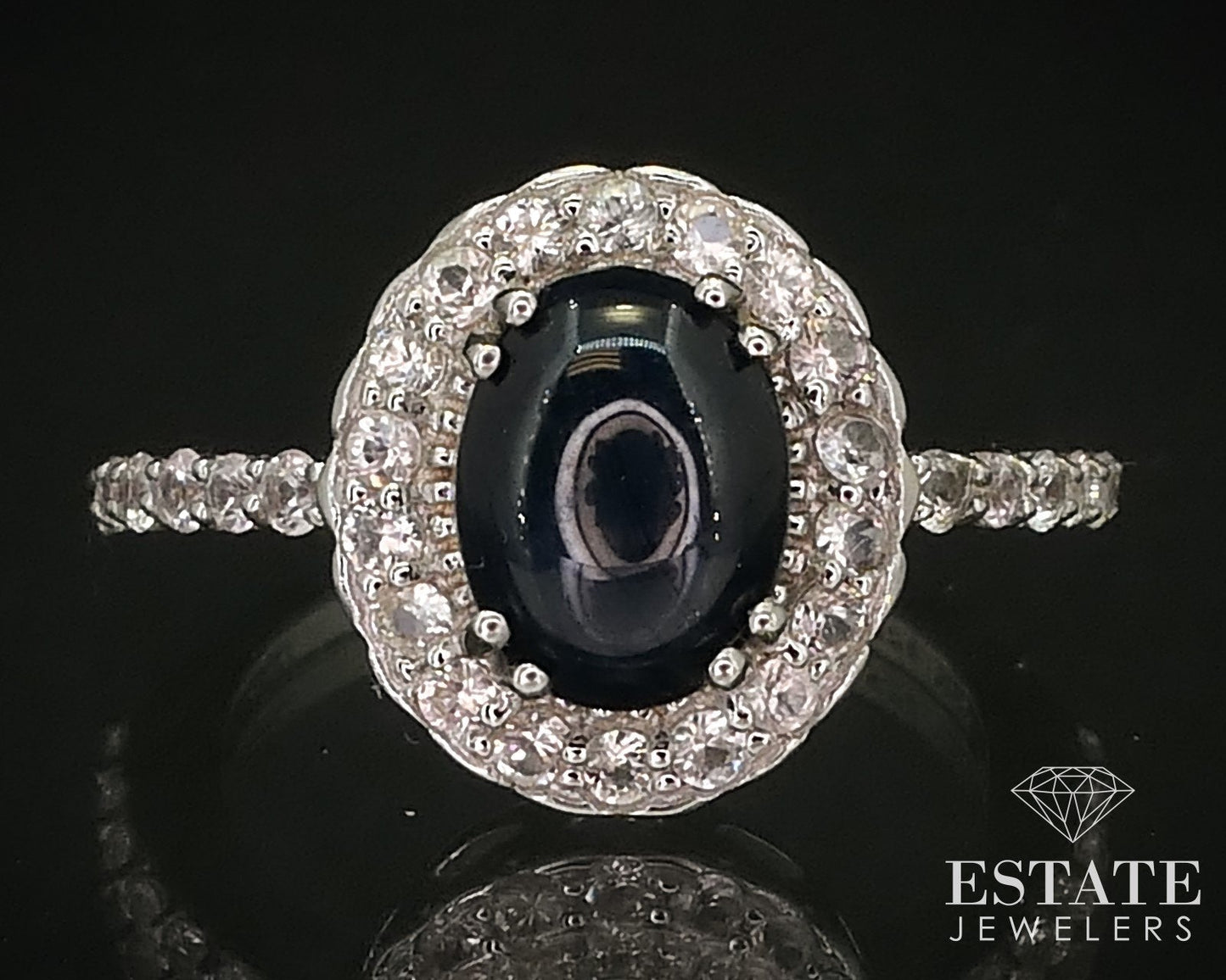 Sterling Natural Blue Star Sapphire & White Sapphire Halo Ring 2.9g i16262