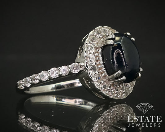Sterling Natural Blue Star Sapphire & White Sapphire Halo Ring 2.9g i16262