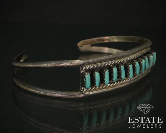 Vintage Sterling Signed LP Turquoise Needlepoint Zuni Cuff Bracelet 11g i16257