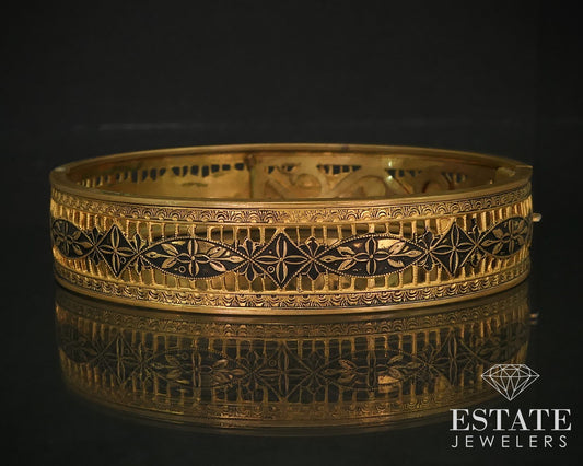 Antique Victorian Gold Filled Filigree Hinged Enameled Bracelet 18g i16256