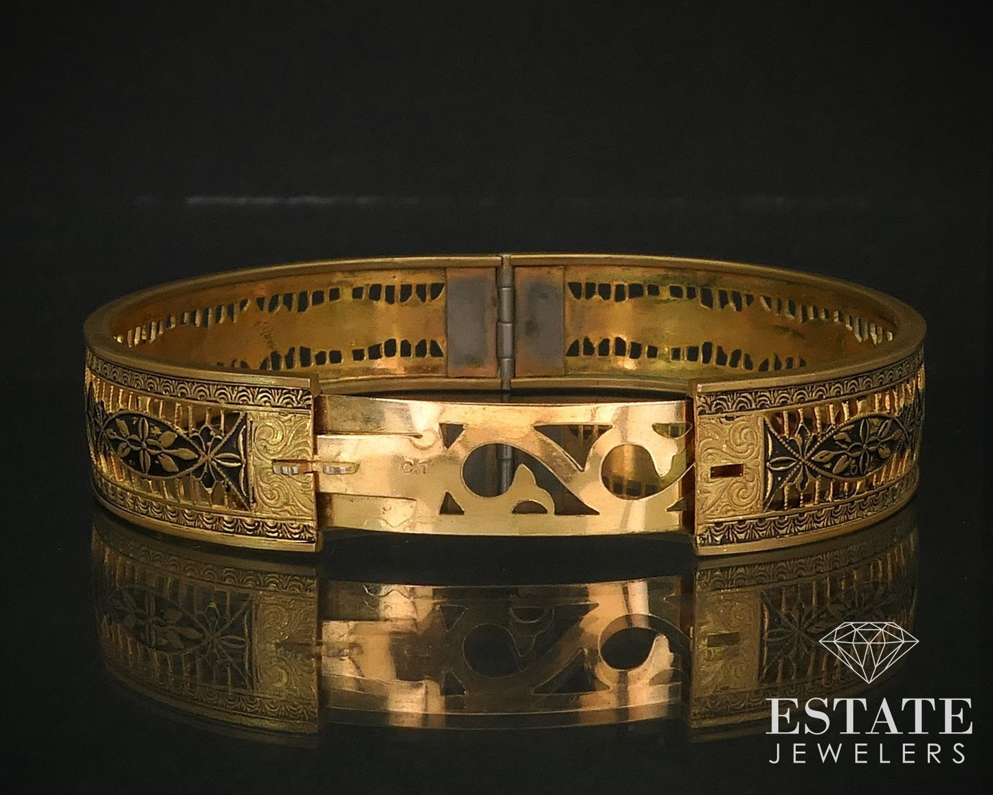 Antique Victorian Gold Filled Filigree Hinged Enameled Bracelet 18g i16256