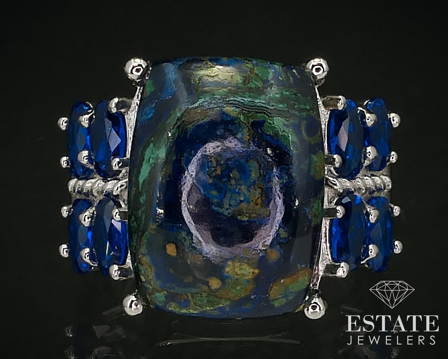Sterling Signed DK Natural Azurite & Blue Quartz Ladies Ring 8.7g i16249