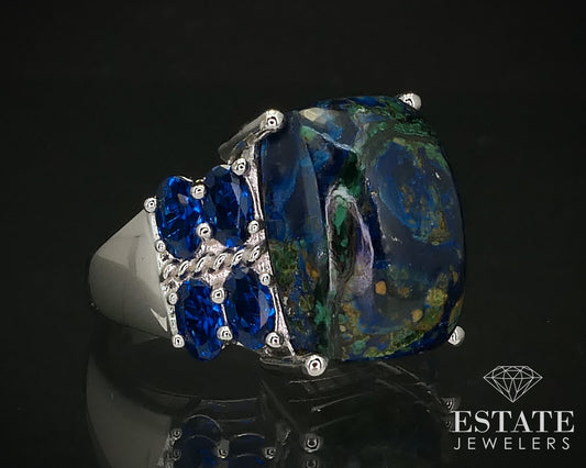 Sterling Signed DK Natural Azurite & Blue Quartz Ladies Ring 8.7g i16249