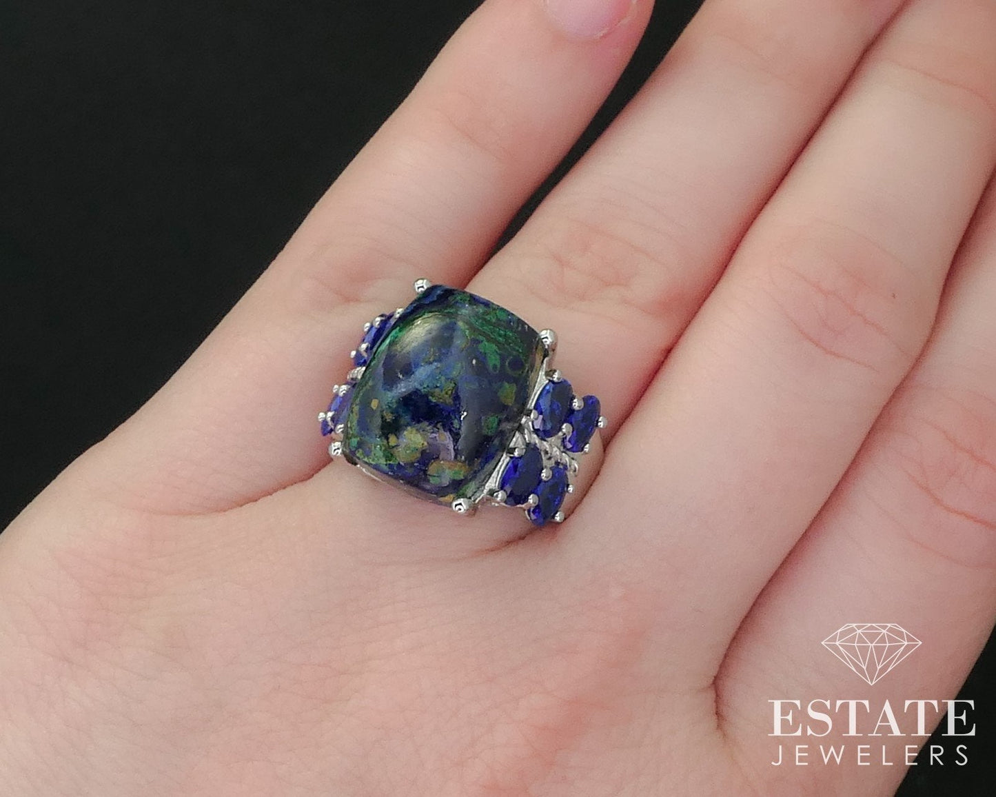 Sterling Signed DK Natural Azurite & Blue Quartz Ladies Ring 8.7g i16249