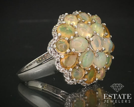 Sterling Natural Jelly Opal & White Sapphire Cocktail Ring 6.5g i16299