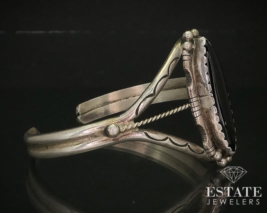 Vintage Sterling Silver Sylvia Chee Black Onyx Navajo Cuff Bracelet 19g i16287