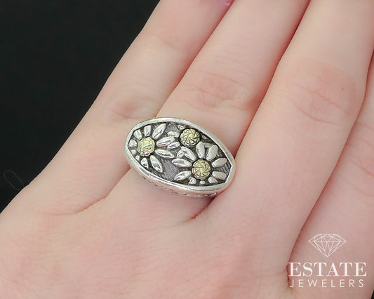 18k & Sterling 925 Daisy Flower Ann King Ladies Band Ring 9.9g i16279