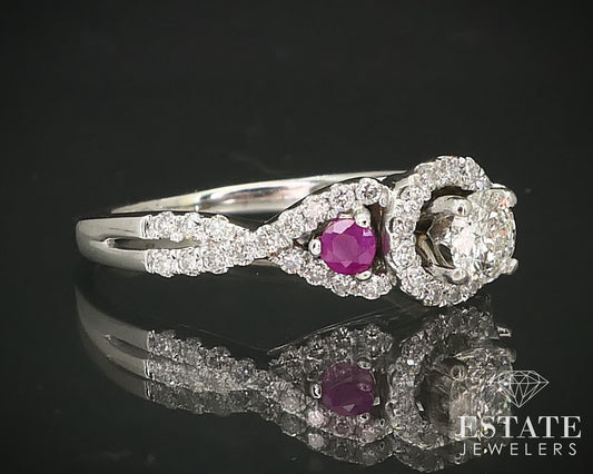 14k White Gold Round Natural .70ctw Diamond & Ruby Engagement Ring 3g i16246