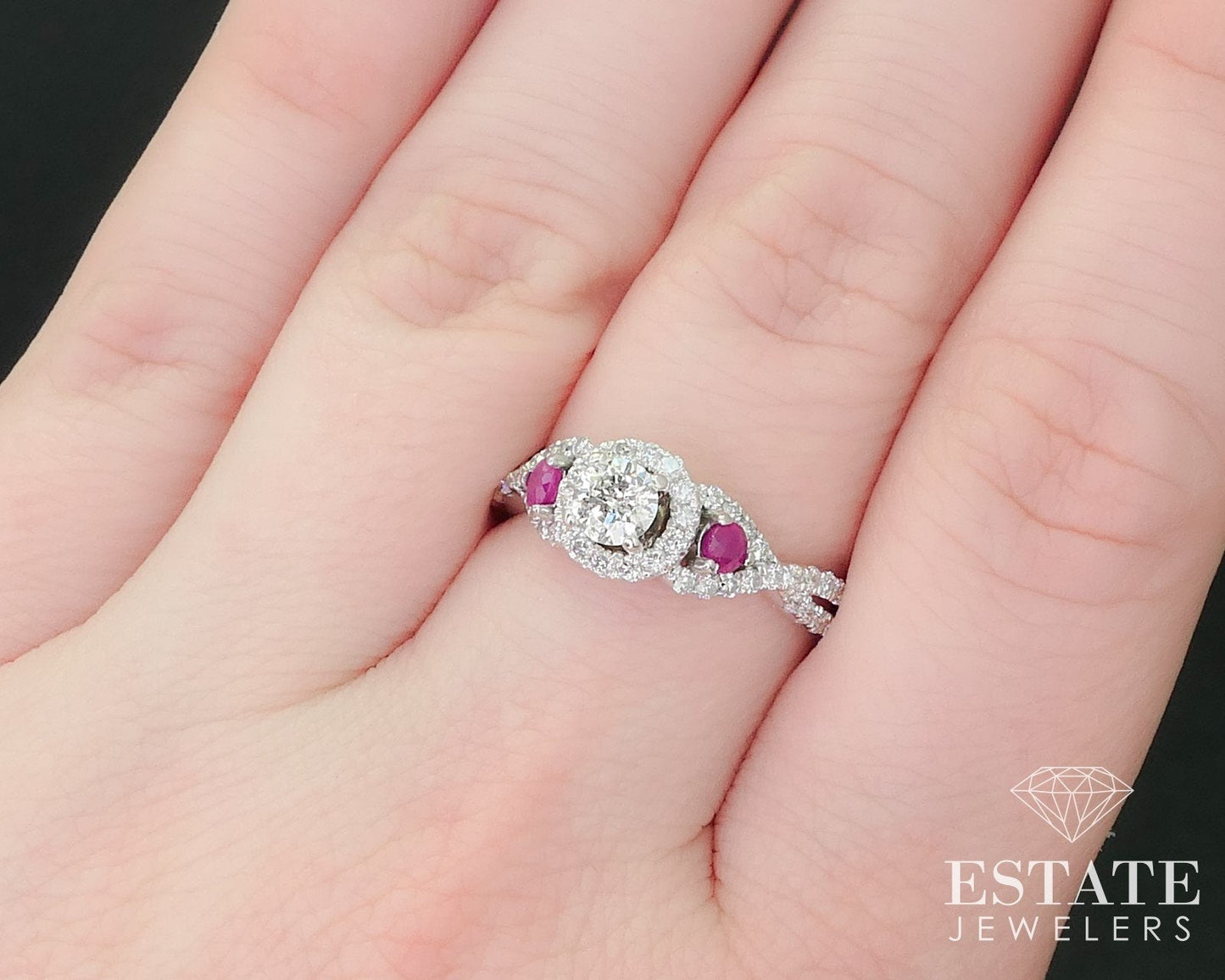 14k White Gold Round Natural .70ctw Diamond & Ruby Engagement Ring 3g i16246