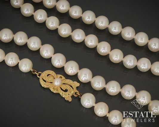 Vintage 18k Yellow Gold Mikimoto 6mm Akoya Pearl Necklace 22"L i16235