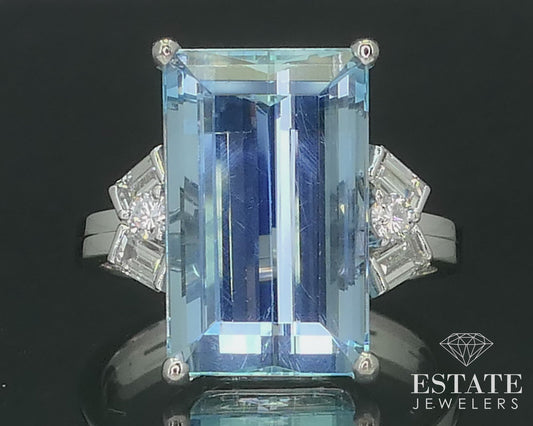 18k White Gold Emerald Cut Natural 8ct Aquamarine & Diamond Ring 7.7g i16234