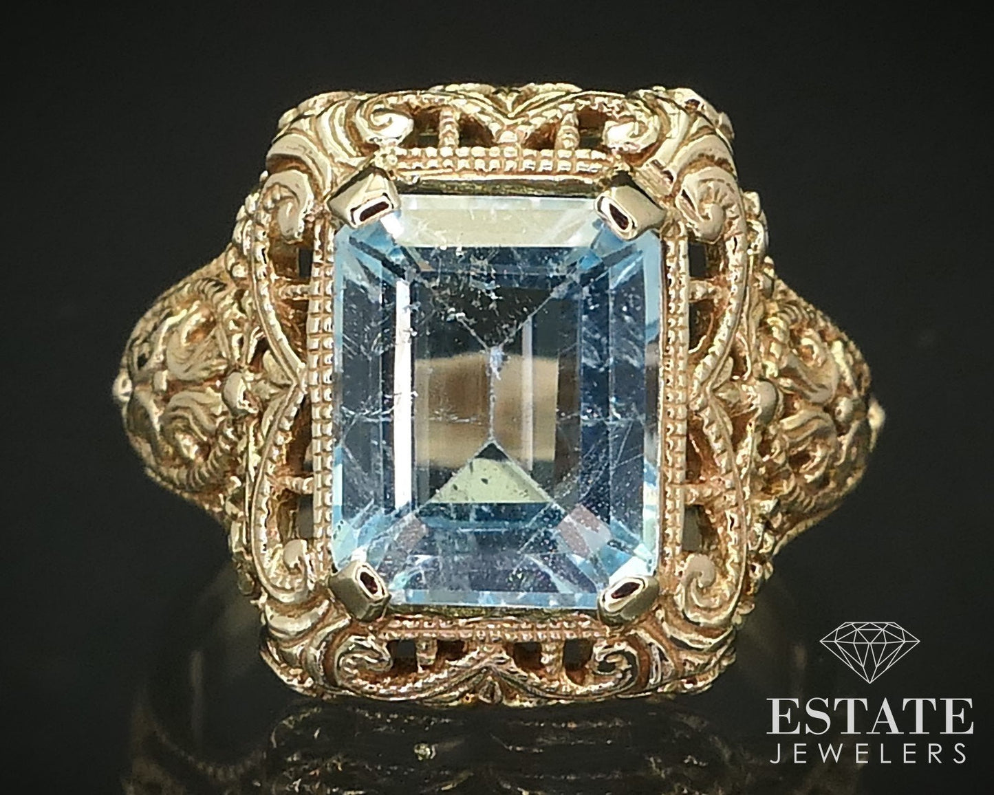 Antique 10k Yellow Gold Natural 3.7ct Blue Topaz Filigree Ring 5.1g i16229