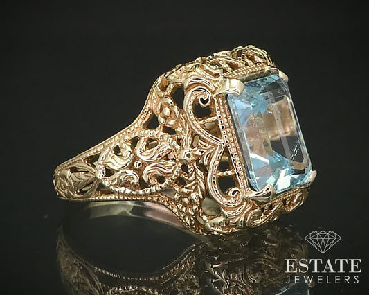 Antique 10k Yellow Gold Natural 3.7ct Blue Topaz Filigree Ring 5.1g i16229