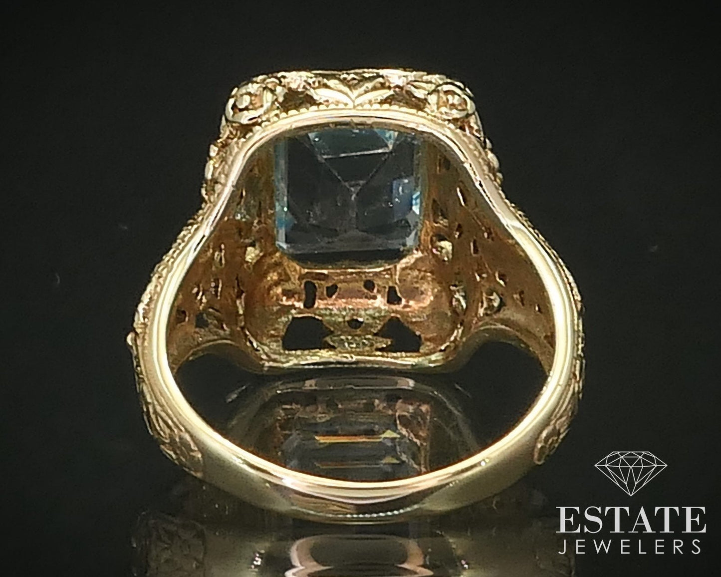 Antique 10k Yellow Gold Natural 3.7ct Blue Topaz Filigree Ring 5.1g i16229