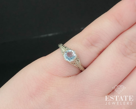 Antique 18k White Gold Natural .95ct Aquamarine Filigree Ring 2.9g i16237