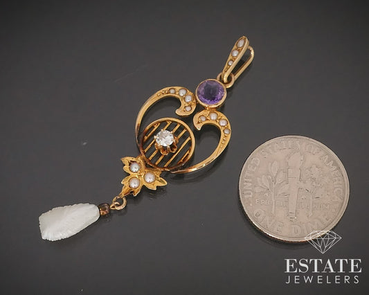 Antique Edwardian 14k Yellow Gold Diamond & Amethyst Lavalier Pendant i16215