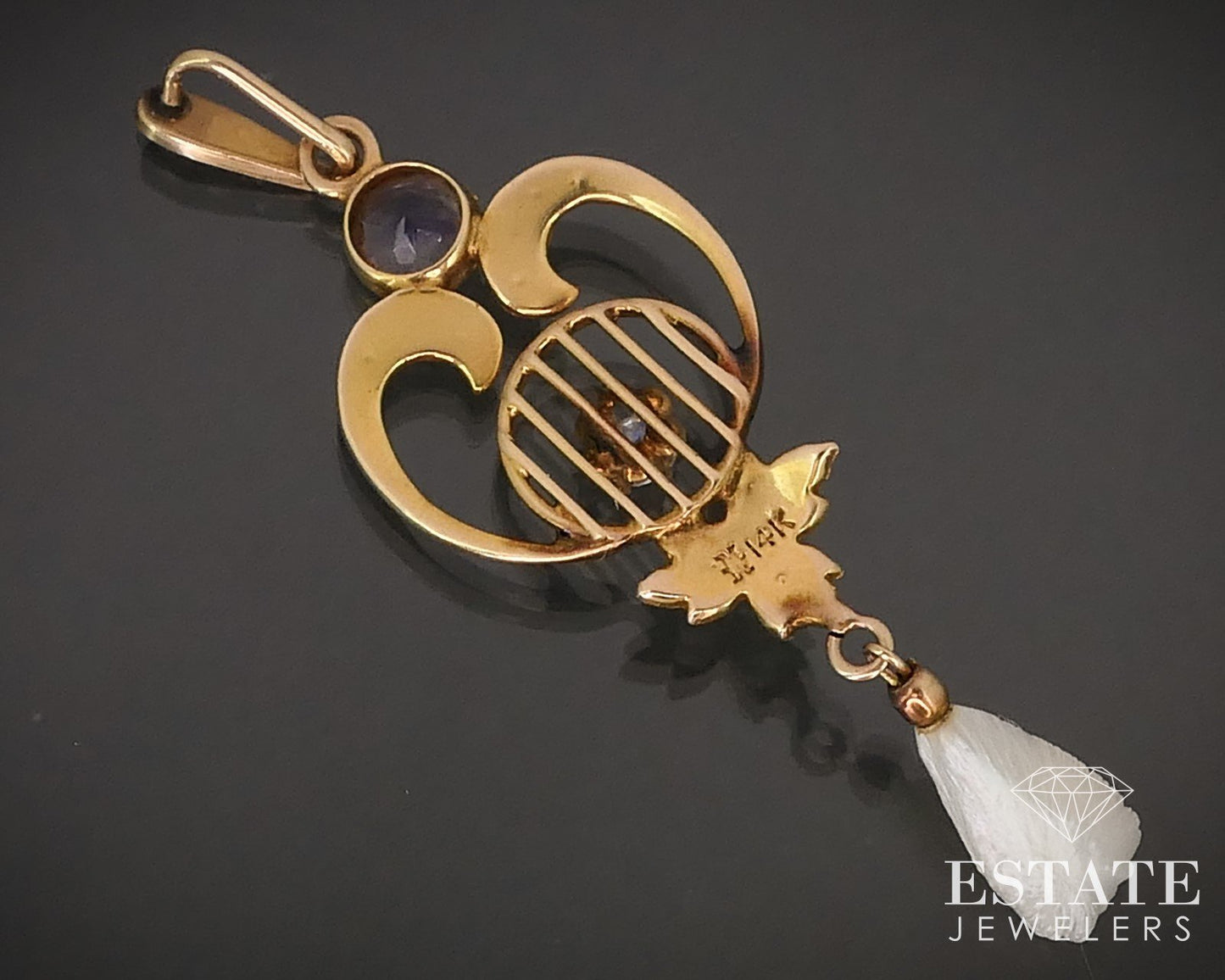Antique Edwardian 14k Yellow Gold Diamond & Amethyst Lavalier Pendant i16215