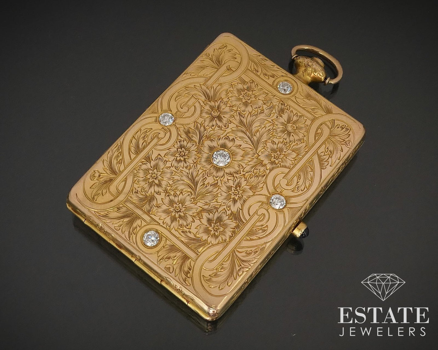 Antique 14k Yellow Gold Natural Diamond Compact Powder Box Mirror 44.5g i16230