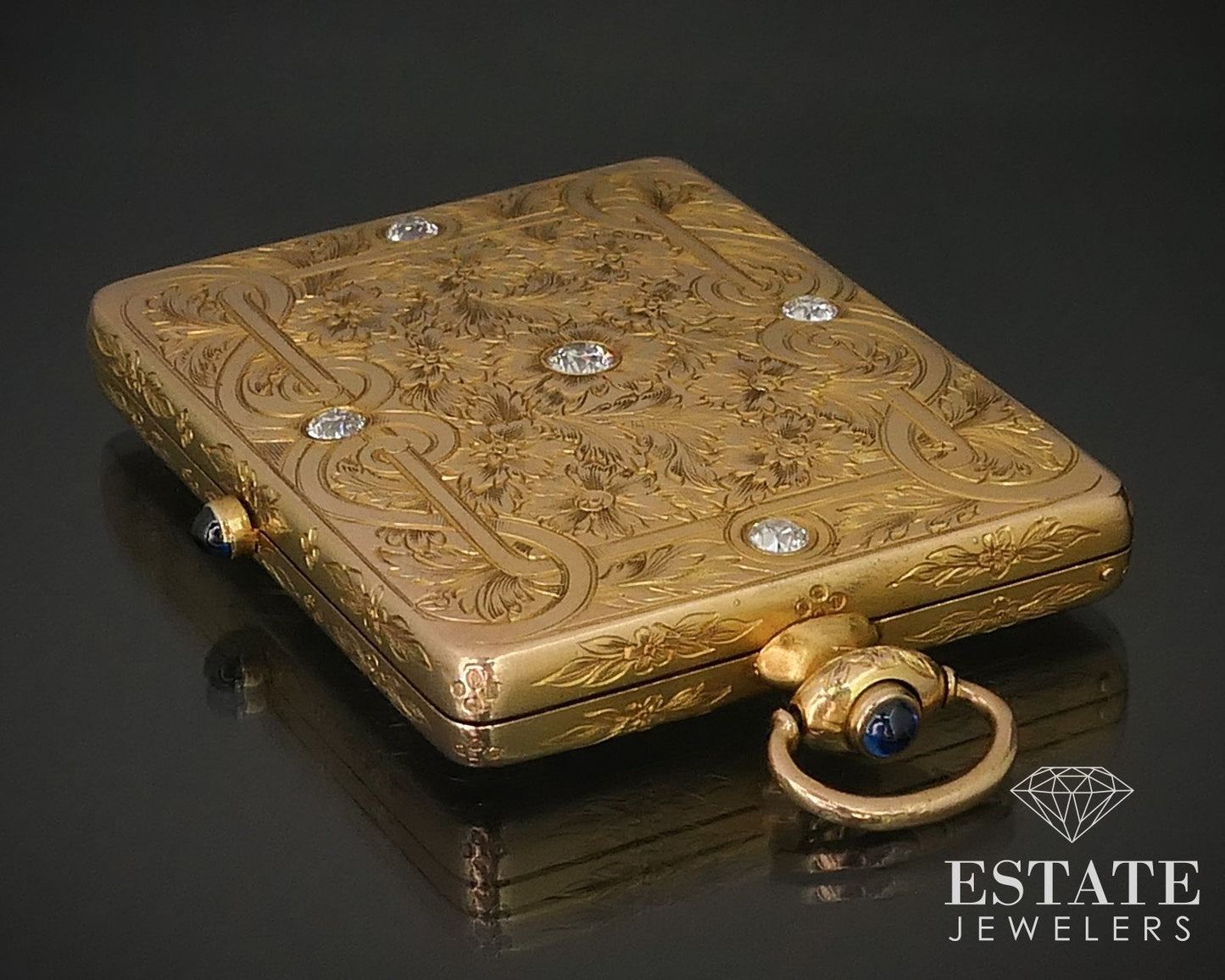 Antique 14k Yellow Gold Natural Diamond Compact Powder Box Mirror 44.5g i16230