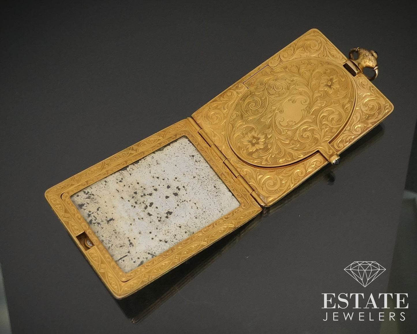 Antique 14k Yellow Gold Natural Diamond Compact Powder Box Mirror 44.5g i16230