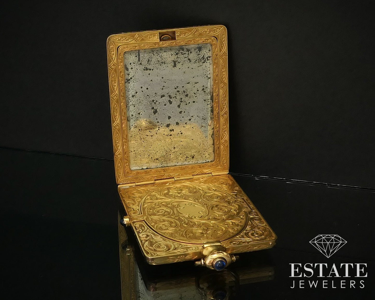 Antique 14k Yellow Gold Natural Diamond Compact Powder Box Mirror 44.5g i16230