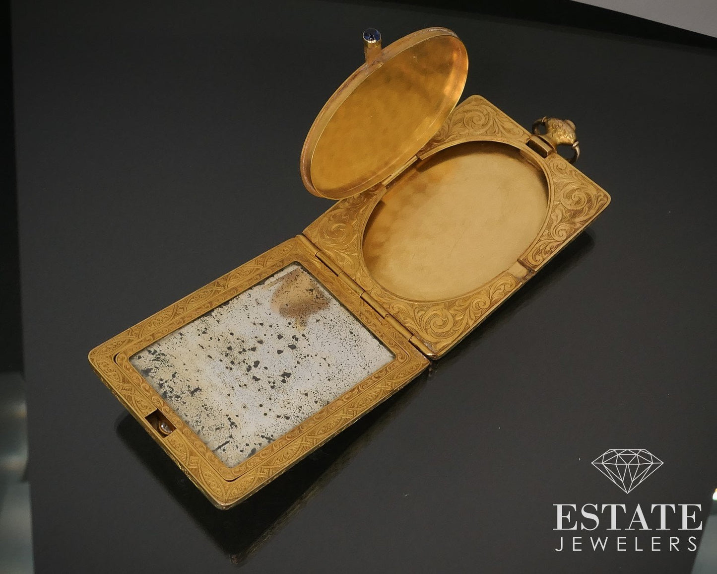 Antique 14k Yellow Gold Natural Diamond Compact Powder Box Mirror 44.5g i16230