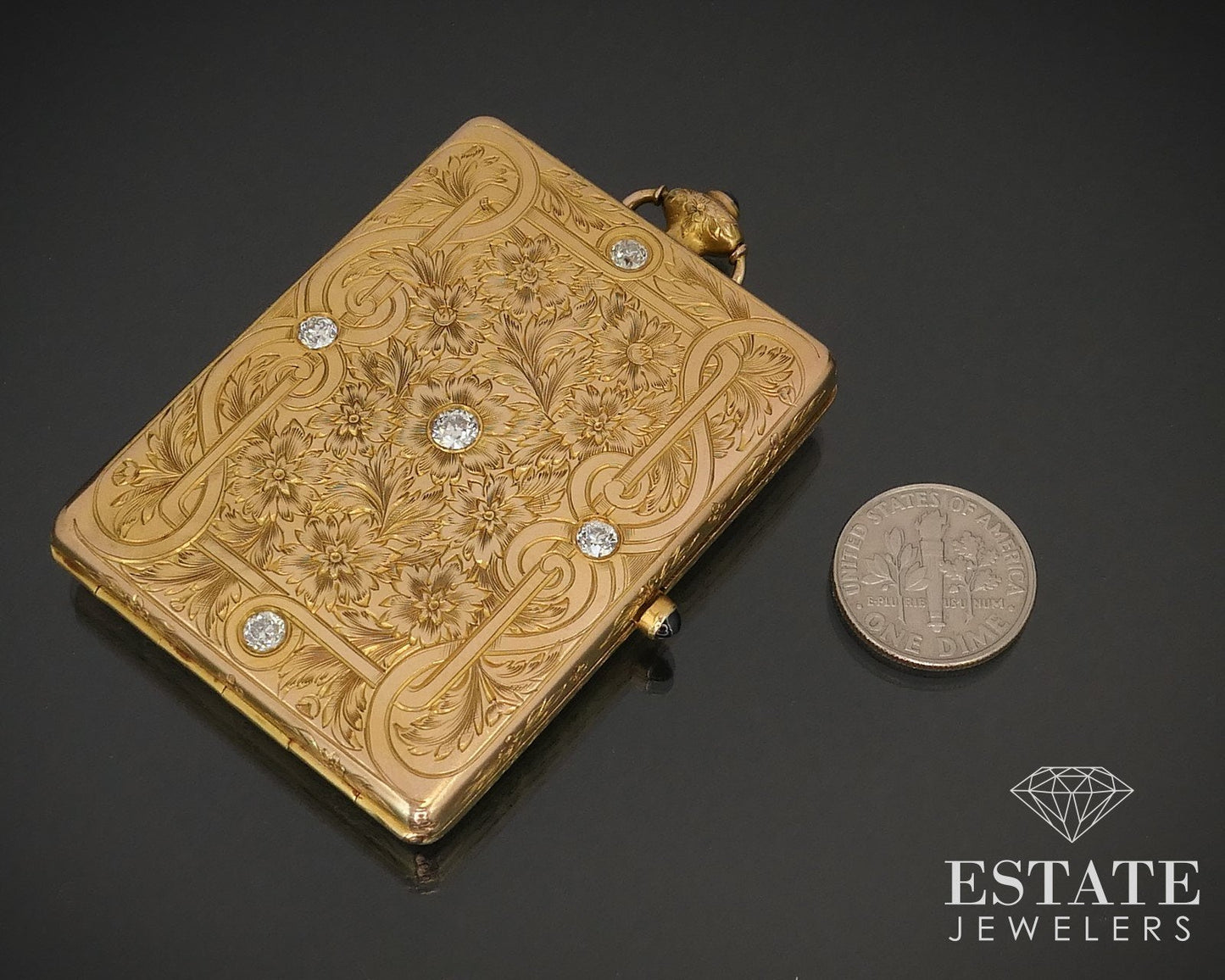 Antique 14k Yellow Gold Natural Diamond Compact Powder Box Mirror 44.5g i16230