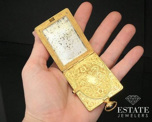Antique 14k Yellow Gold Natural Diamond Compact Powder Box Mirror 44.5g i16230