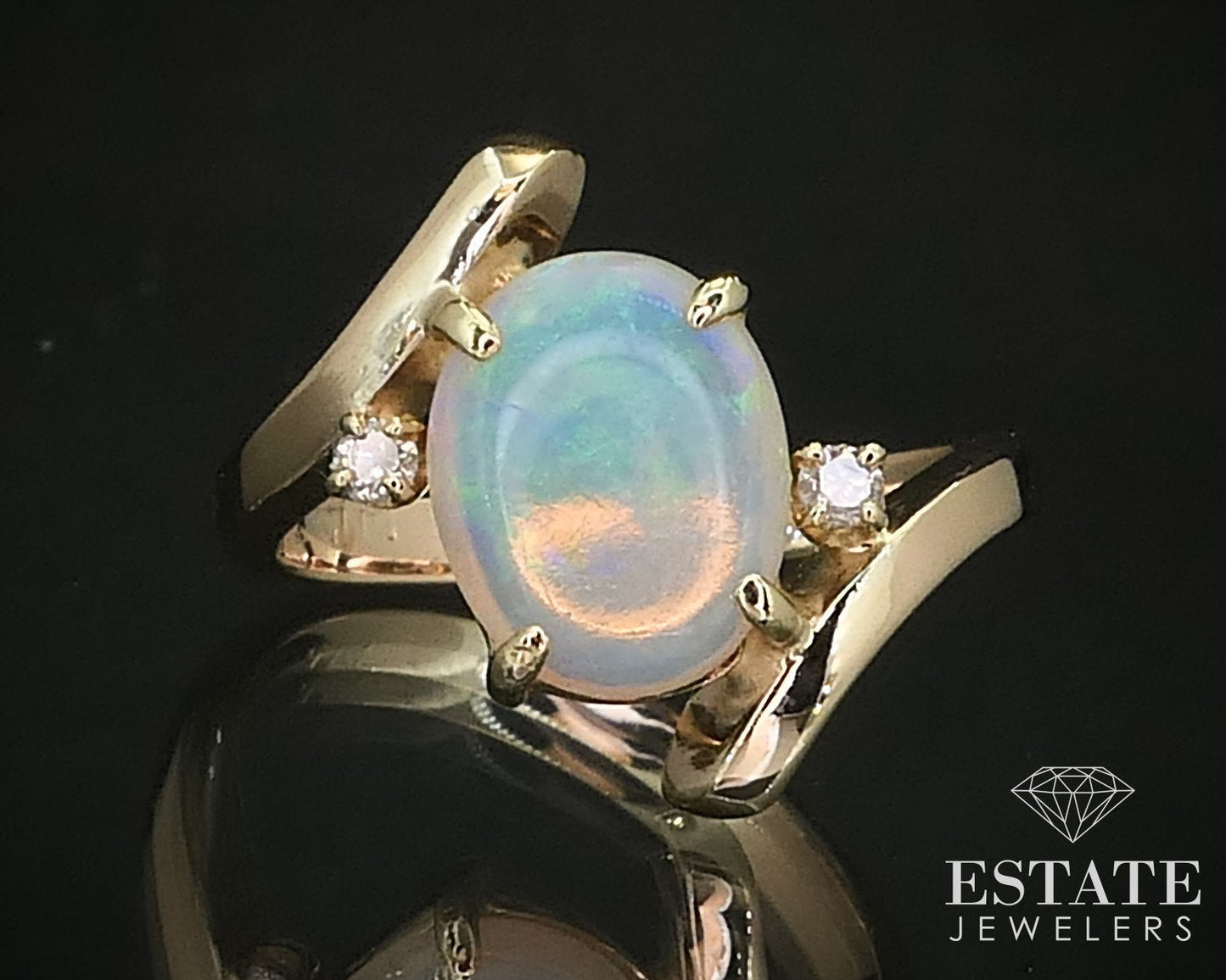14K Yellow Gold Natural Opal Diamond Bypass Band Ring 3.6g i16319