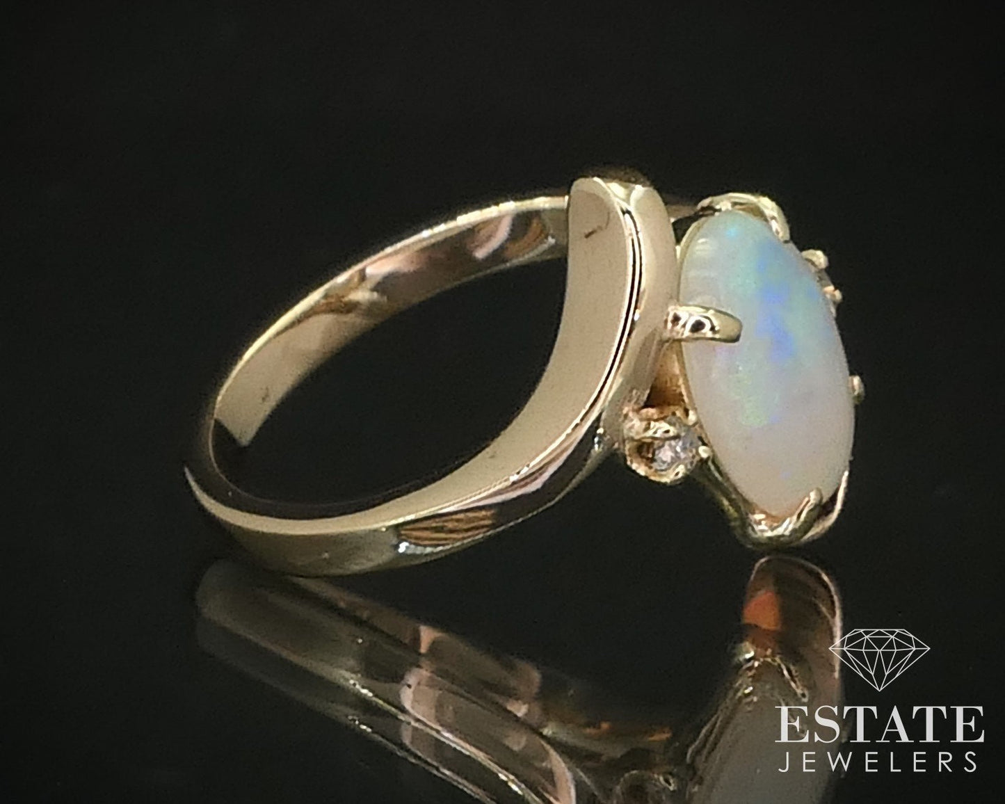 14K Yellow Gold Natural Opal Diamond Bypass Band Ring 3.6g i16319