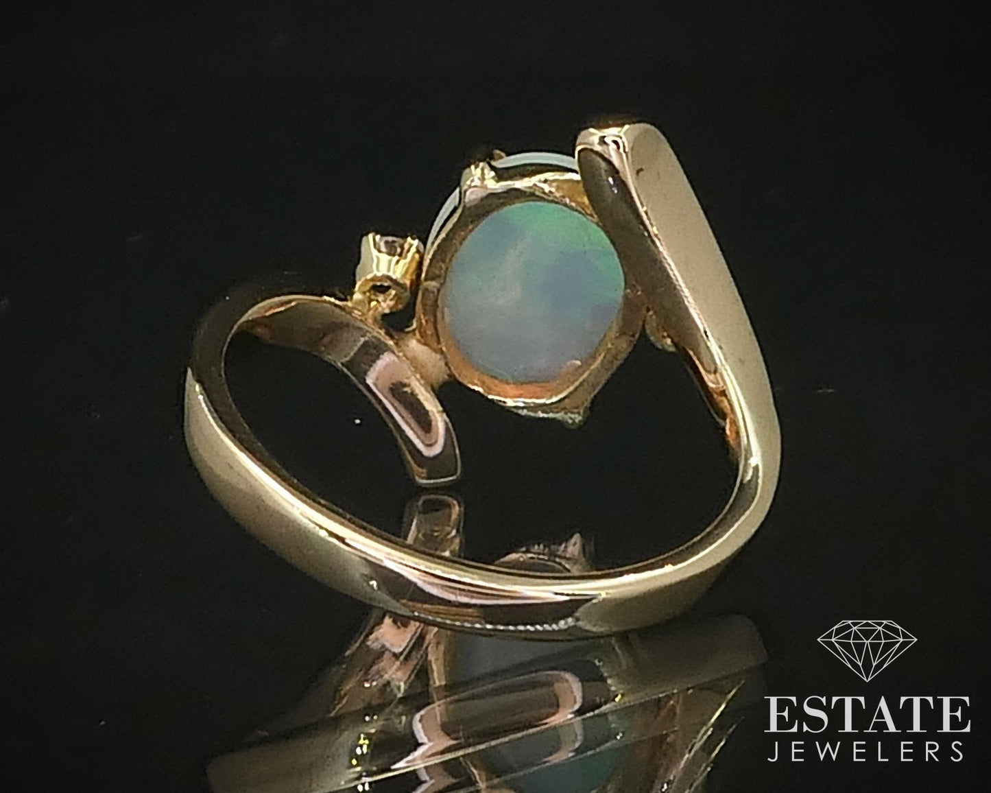 14K Yellow Gold Natural Opal Diamond Bypass Band Ring 3.6g i16319
