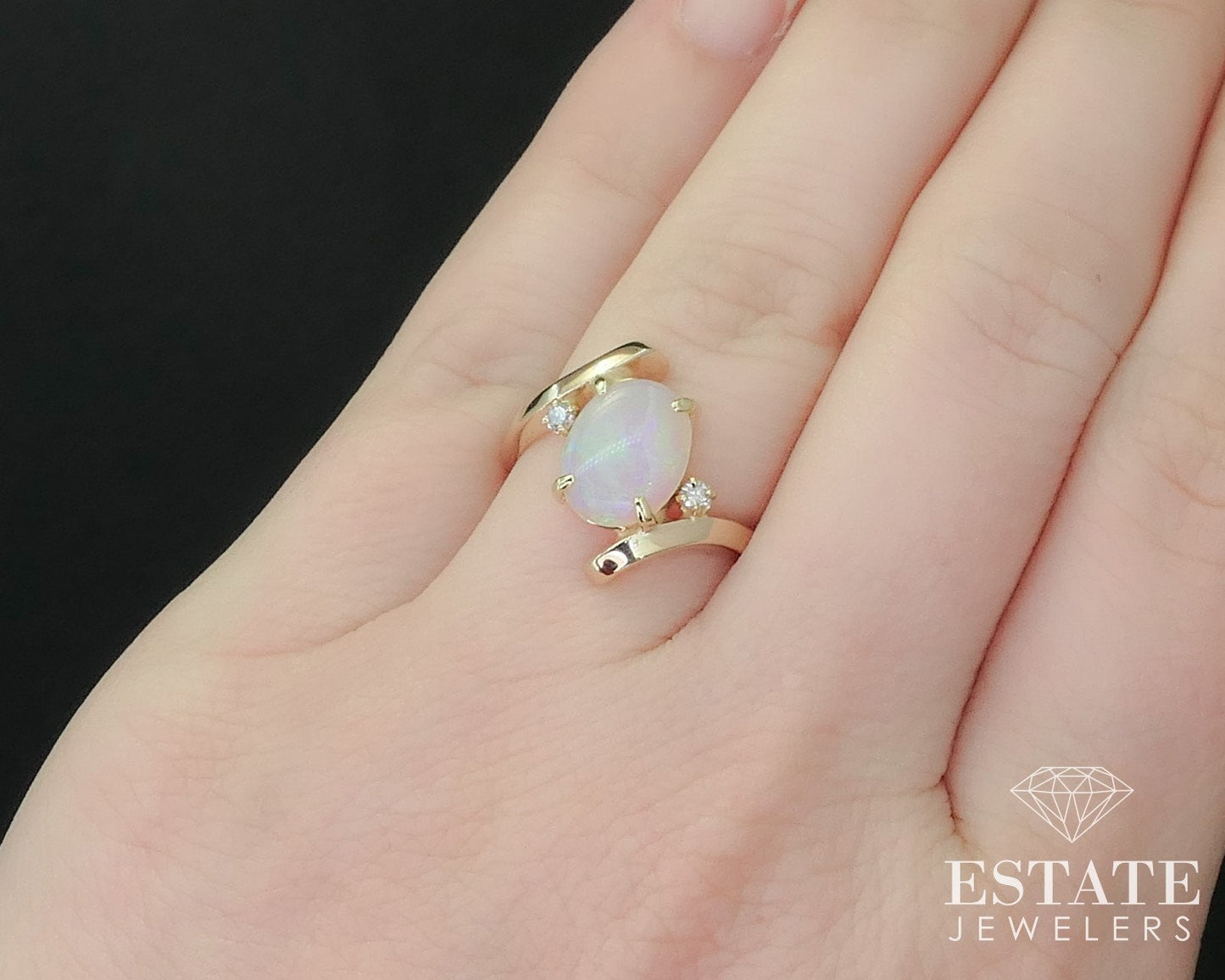 14K Yellow Gold Natural Opal Diamond Bypass Band Ring 3.6g i16319
