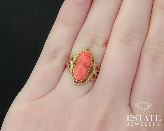 Antique Victorian 10k Yellow Gold Natural Coral Cameo Ladies Ring 3.1g i16253