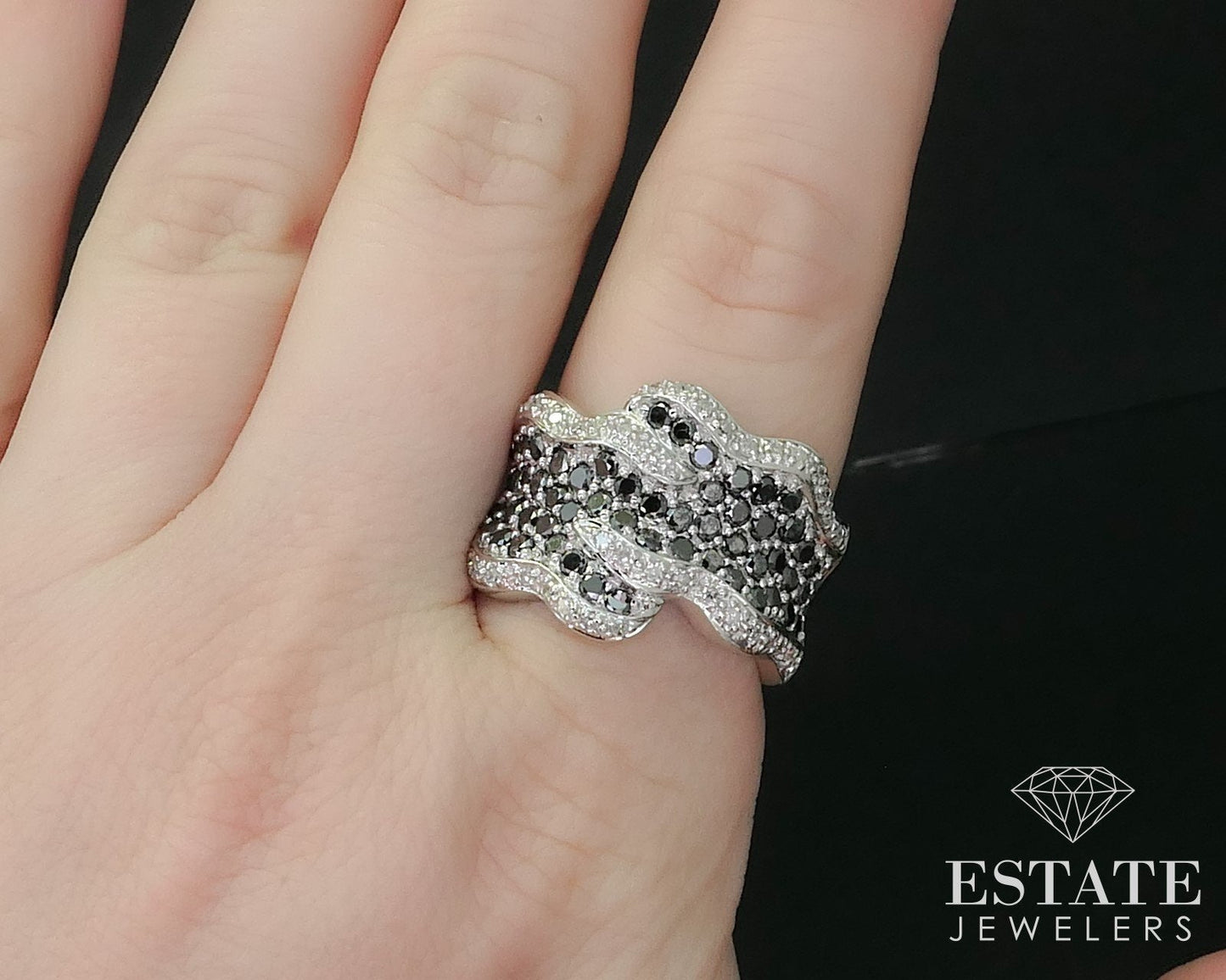 14K White Gold Natural 1.45ctw Black & White Diamond Bypass Band 14g i16320
