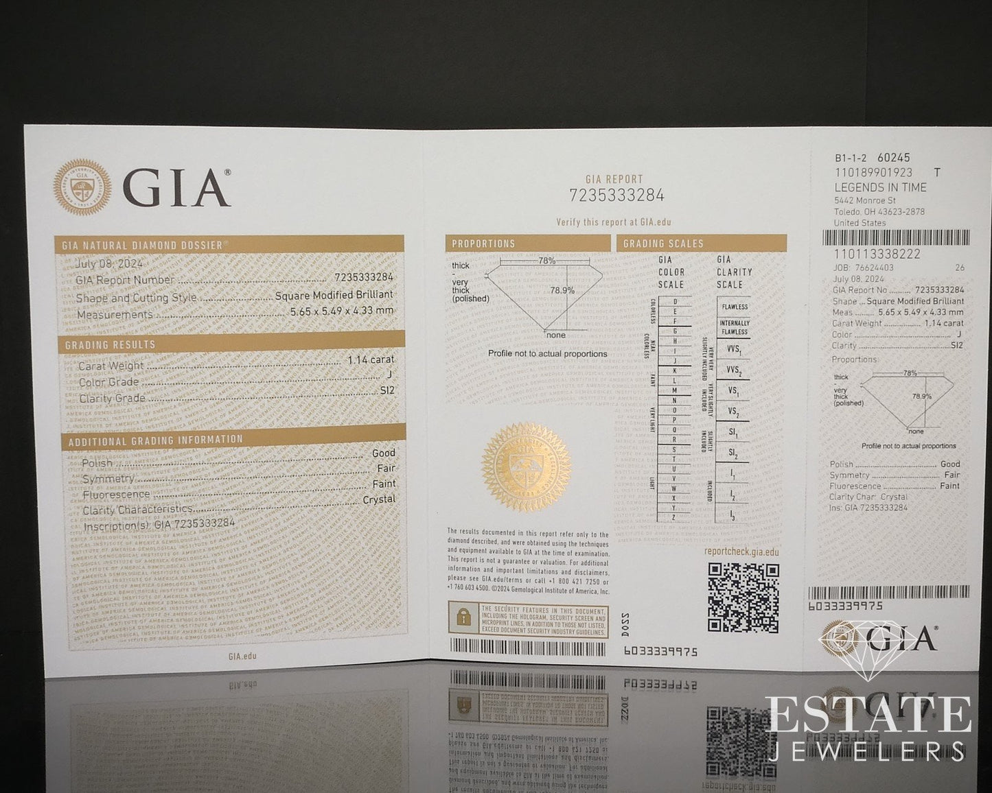 Loose 1.14ct Princess Cut GIA Cert Natural Diamond SI2/J i16220