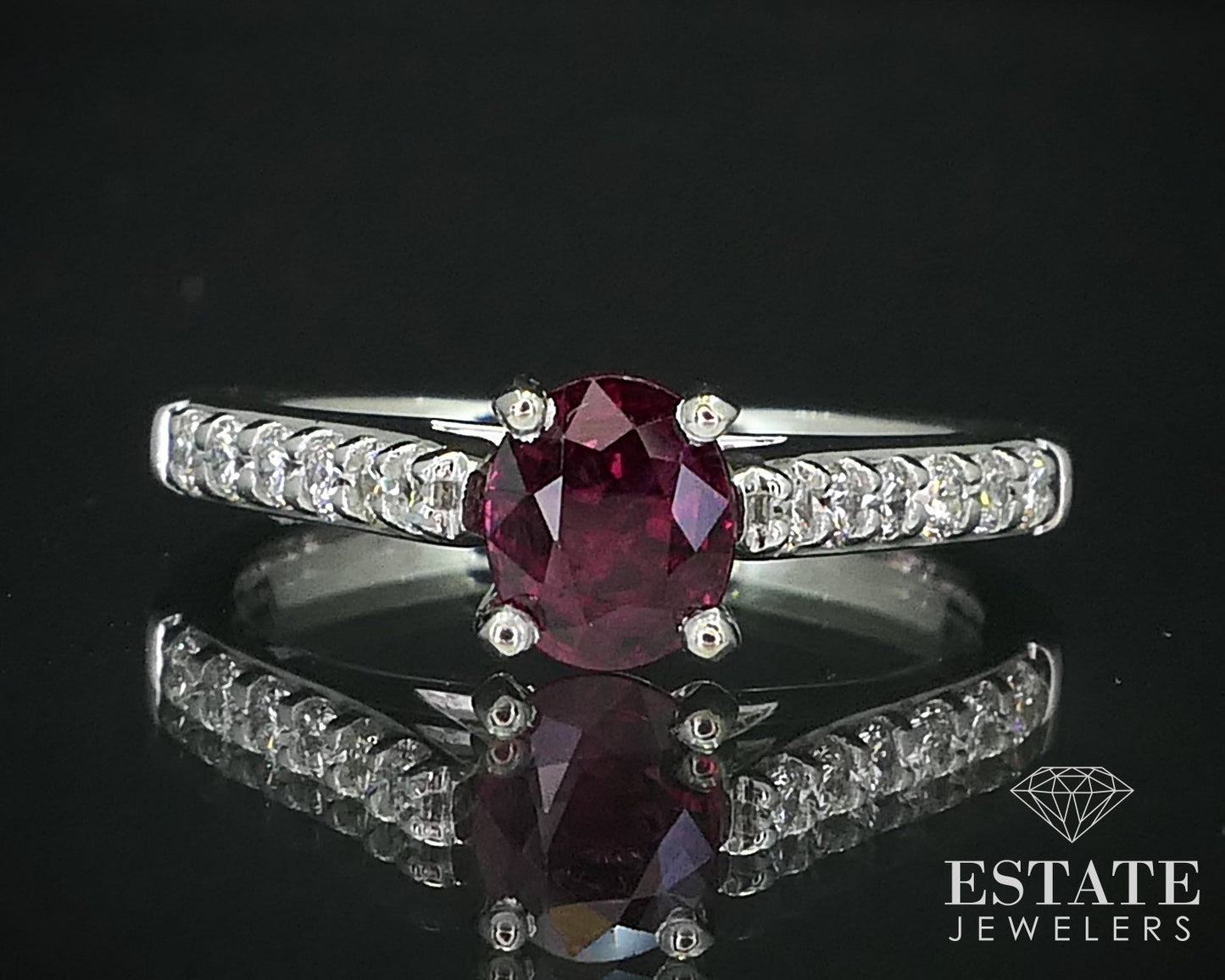 14k White Gold Round Natural .96ct Ruby & Diamond Engagement Ring 4g i16344
