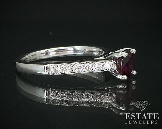 14k White Gold Round Natural .96ct Ruby & Diamond Engagement Ring 4g i16344