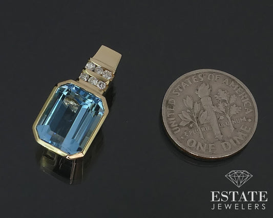 14k Yellow Gold Natural Blue Topaz & Diamond Ladies Pendant 4.7g i16335