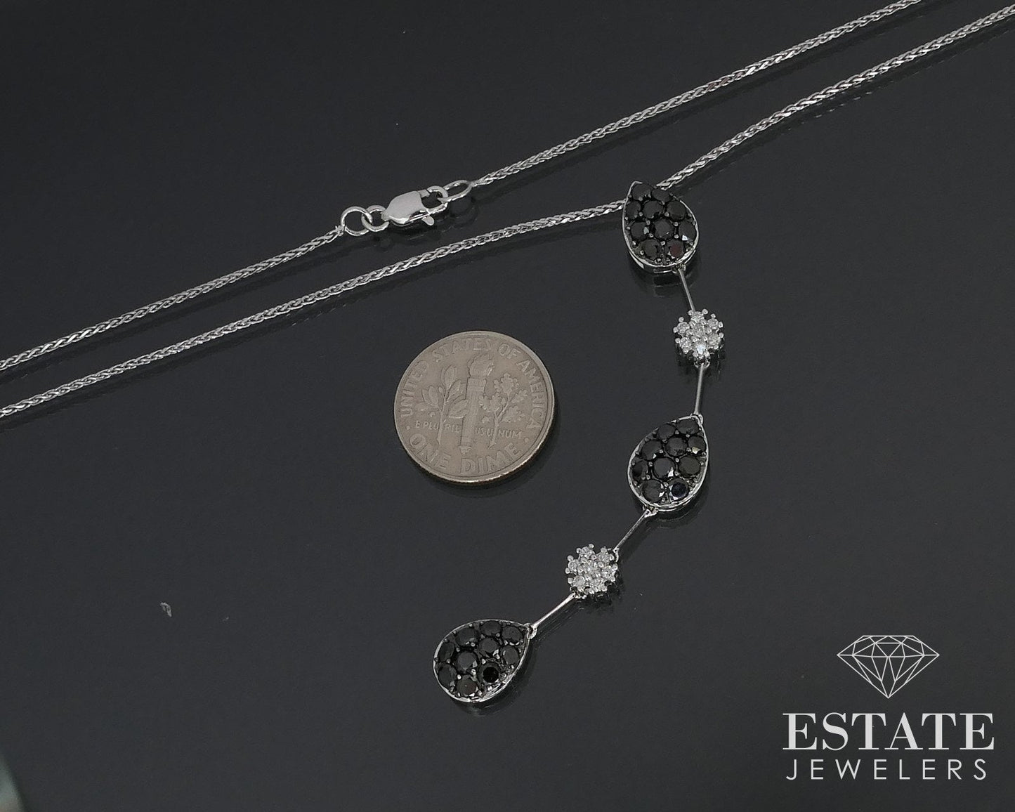 18k White Gold Natural Black & White Diamond Tear Drop Necklace 6.2g i16221
