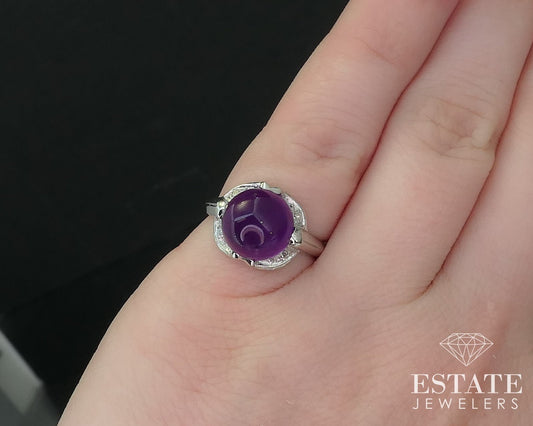 Antique Deco 18k White Gold Natural Cabochon Amethyst & Diamond Ring 3.6g i16177