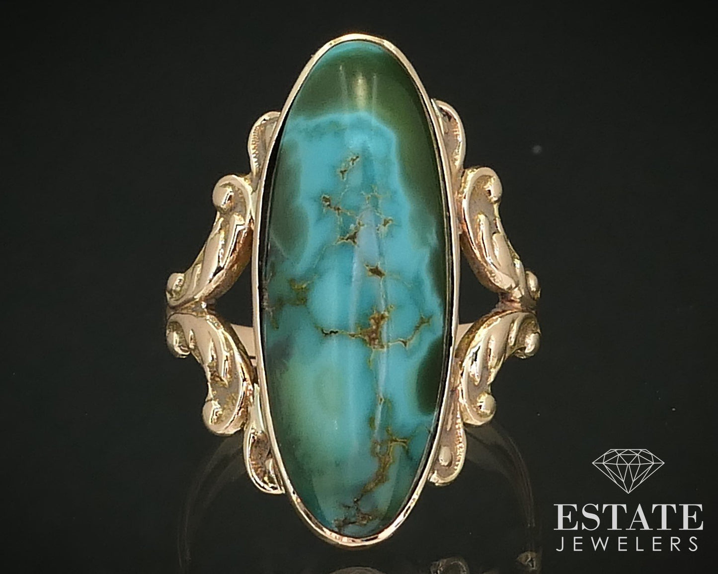 Antique 14k Yellow Gold Oval Natural Turquoise Ladies Ring 4.1g i16355